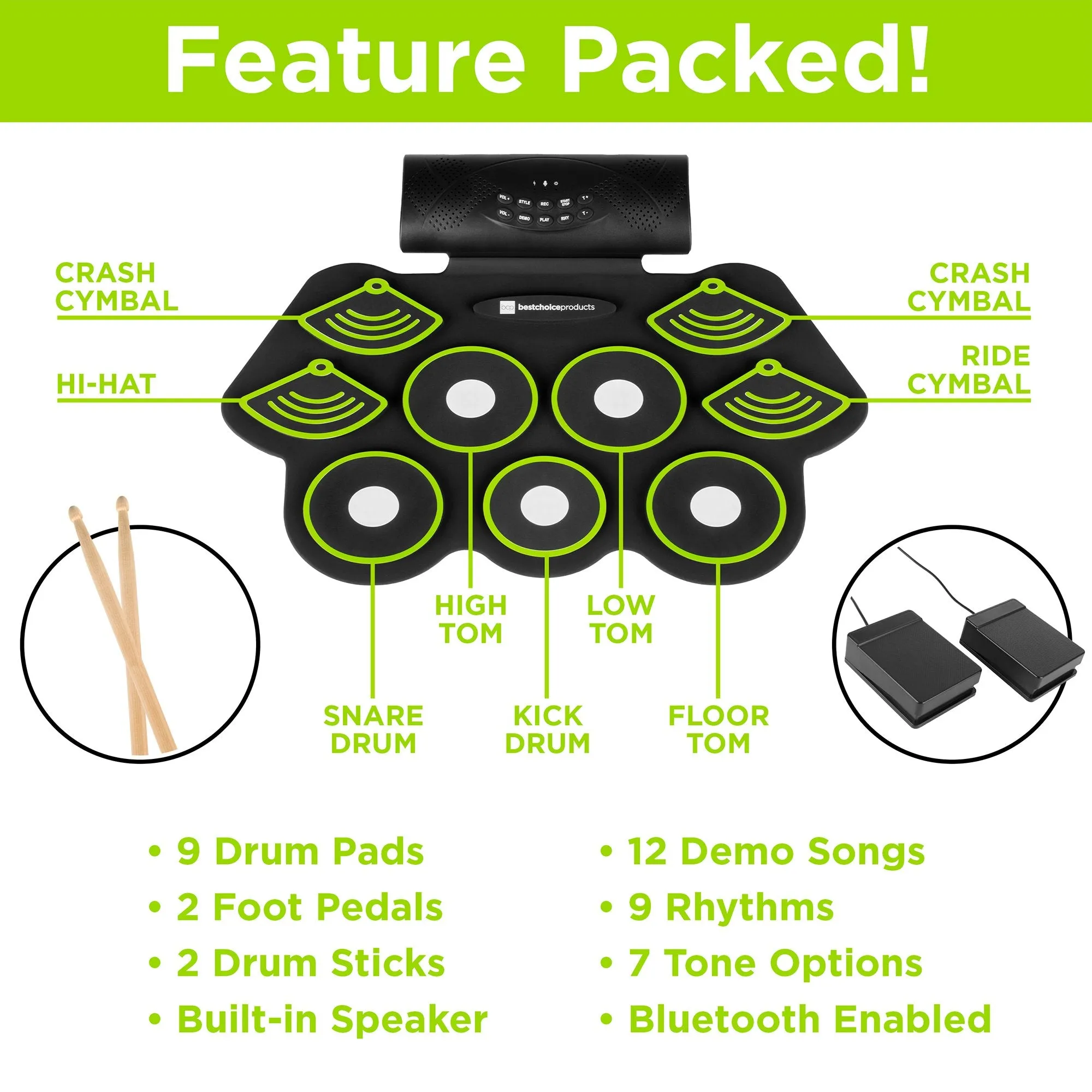 9 Pad Roll Up Bluetooth Electric Drum Set w/ Headphone Jack, Speaker, Pedal