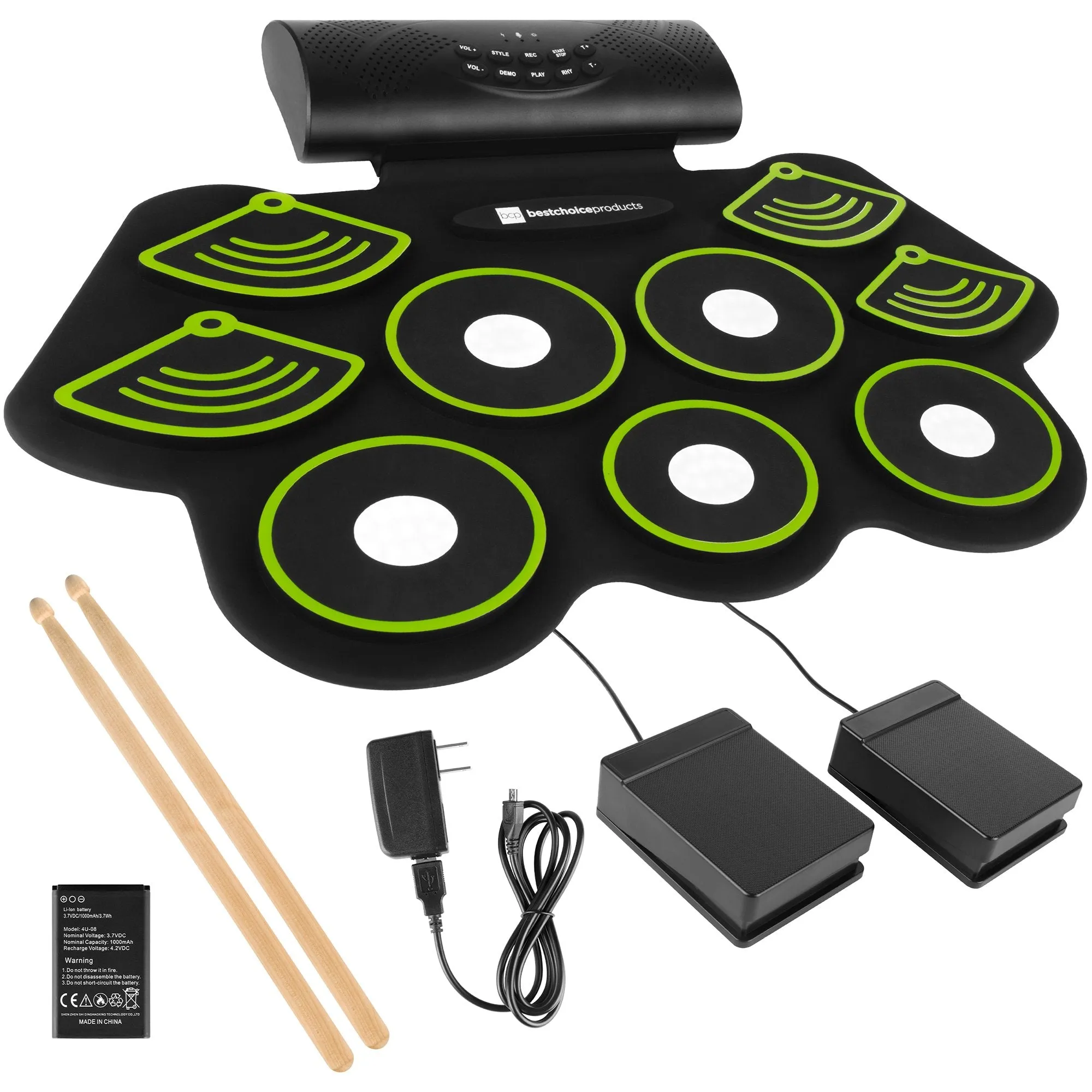 9 Pad Roll Up Bluetooth Electric Drum Set w/ Headphone Jack, Speaker, Pedal