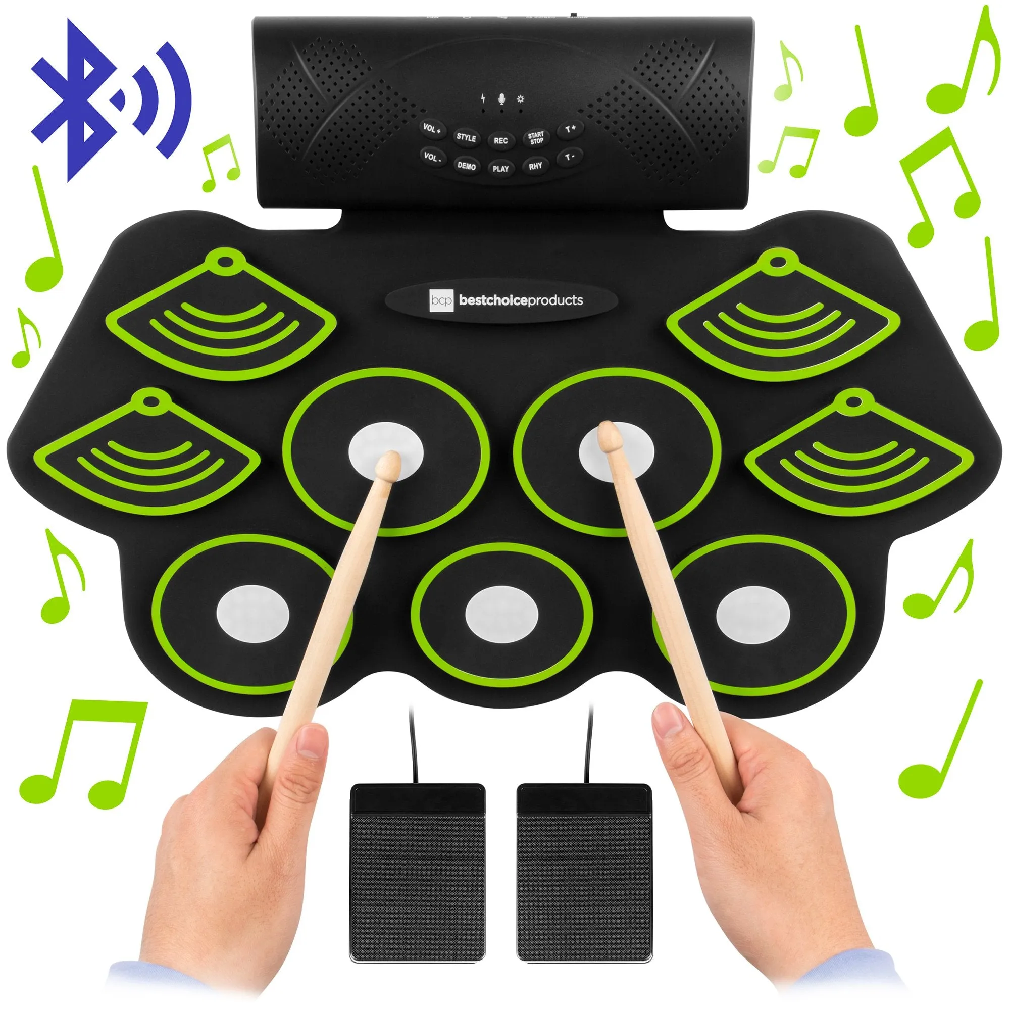 9 Pad Roll Up Bluetooth Electric Drum Set w/ Headphone Jack, Speaker, Pedal