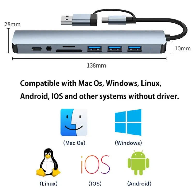 BYL-2218TU 8 in 1 USB   USB-C / Type-C to USB Multifunctional Docking Station HUB Adapter