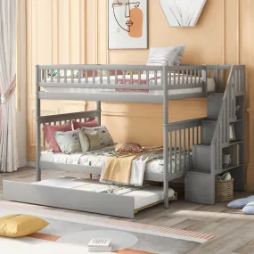 Full over Full Bunk Bed with Twin Size Trundle andStorage Staircase - Gray
