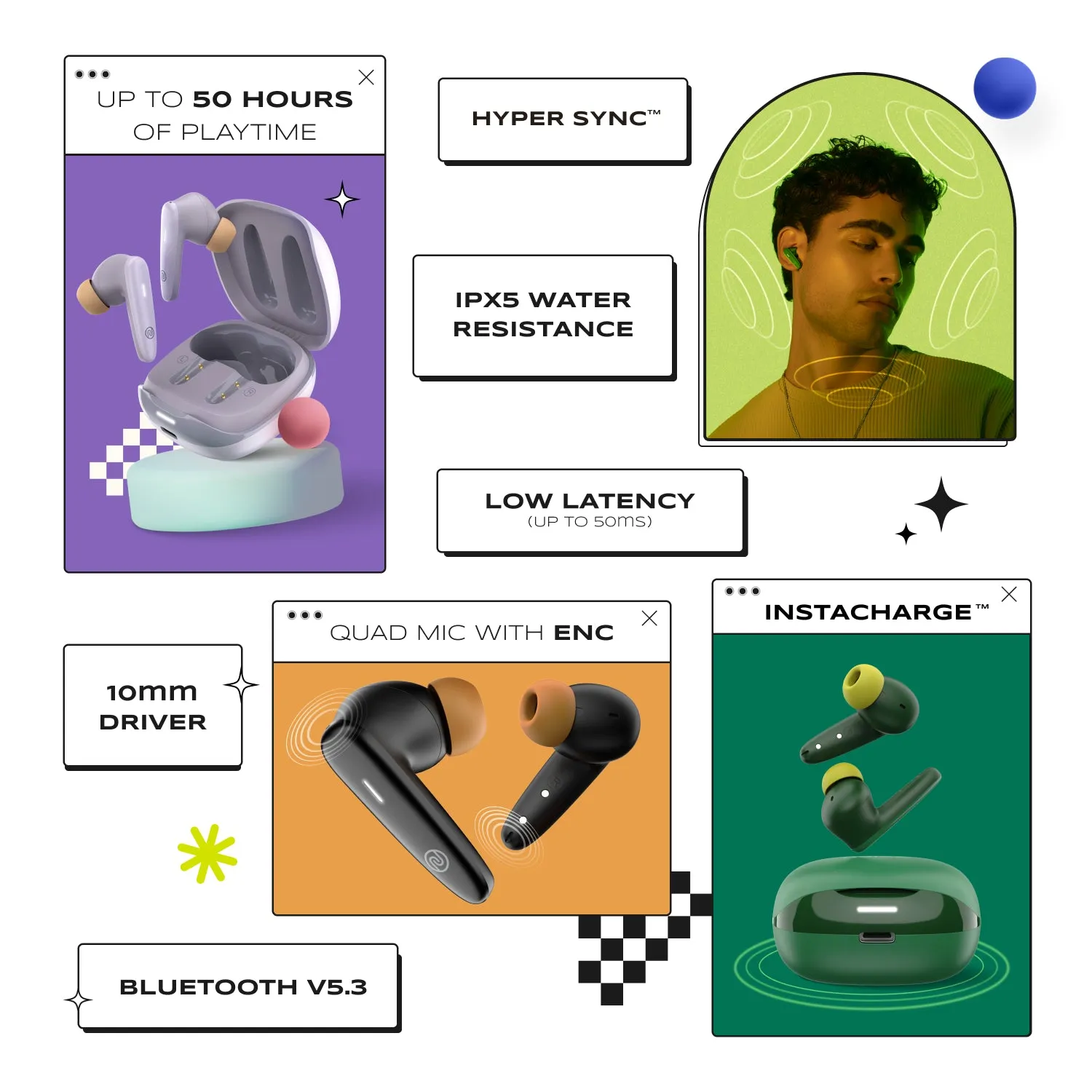 Noise Buds VS401 In-Ear Truly Wireless Earbuds with 50H of Playtime, Low Latency (up to 50ms), Quad Mic with ENC, Instacharge (10 min = 200 min), 10mm Driver, BT v5.3