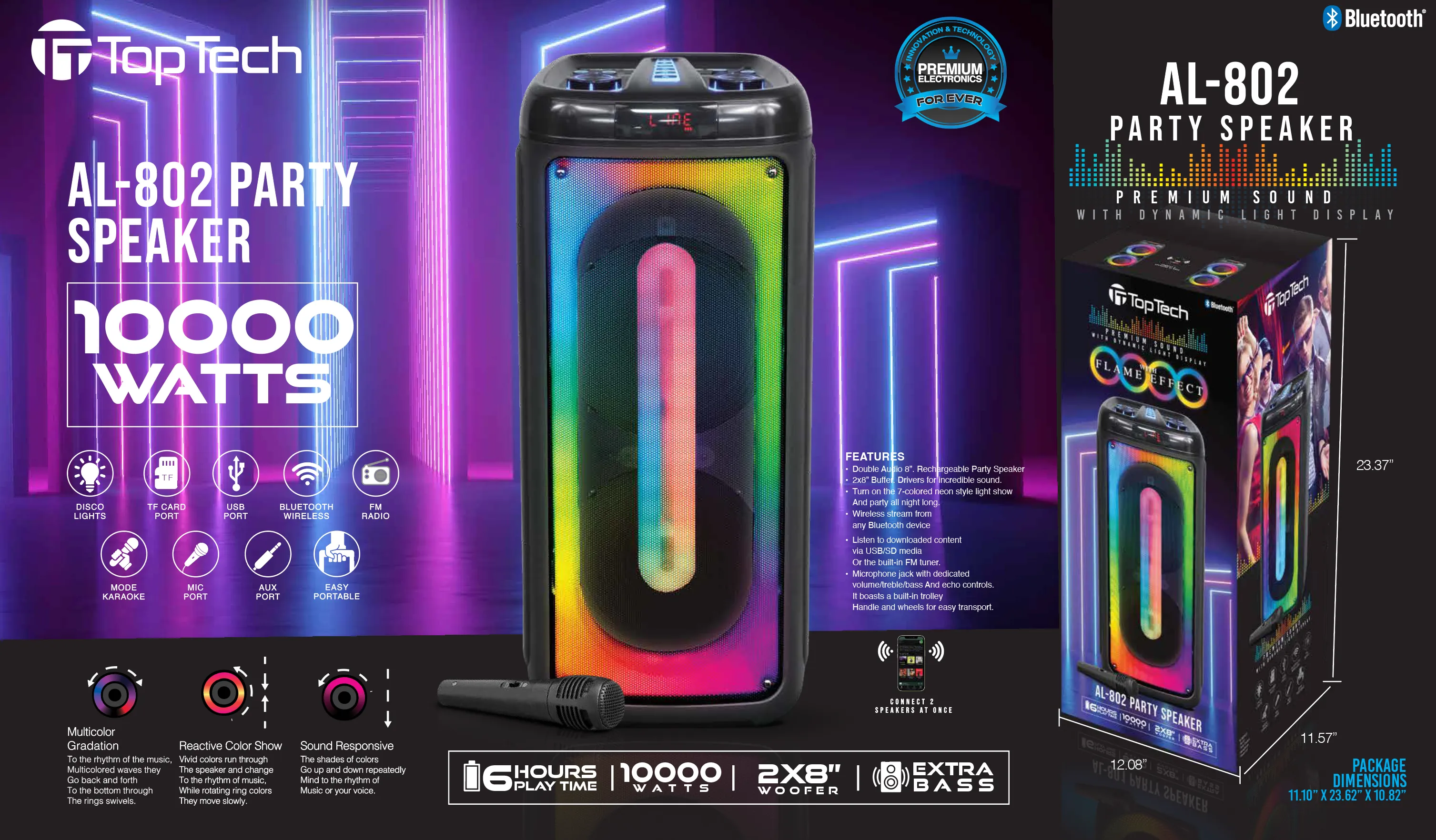 TOPTECH AL-802, 2x8'' Bluetooth Speaker with Flame Effect, 10,000 Watts, 360° Stereo Sound
