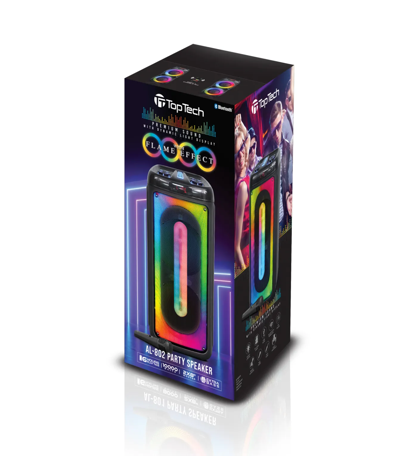 TOPTECH AL-802, 2x8'' Bluetooth Speaker with Flame Effect, 10,000 Watts, 360° Stereo Sound
