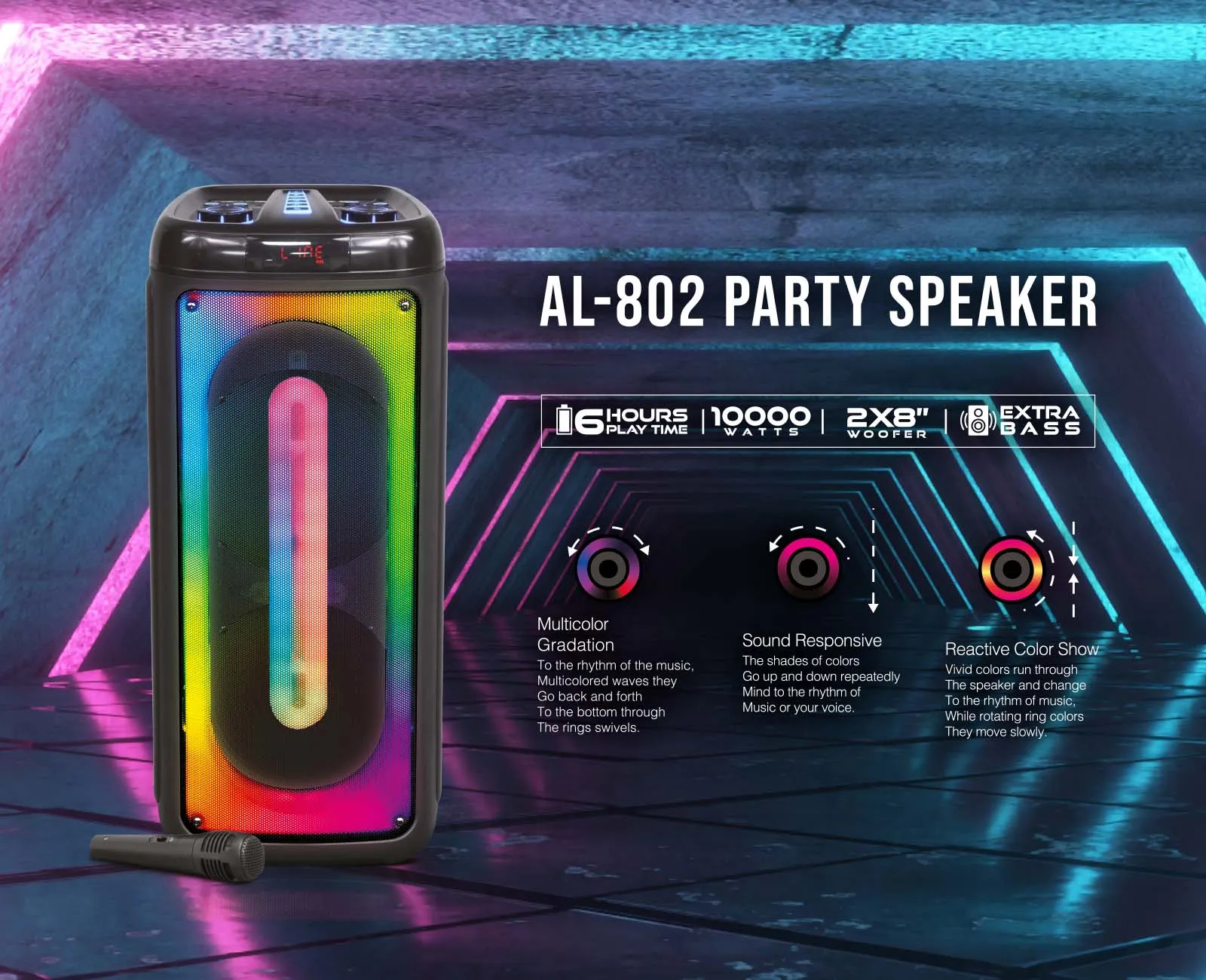 TOPTECH AL-802, 2x8'' Bluetooth Speaker with Flame Effect, 10,000 Watts, 360° Stereo Sound