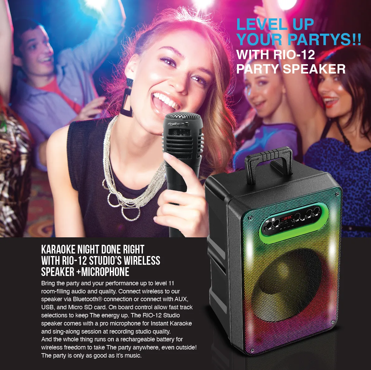 TOPTECH RIO-12 12” Bluetooth Speaker with TWS Stereo & 5000W Sound, Disco Lights