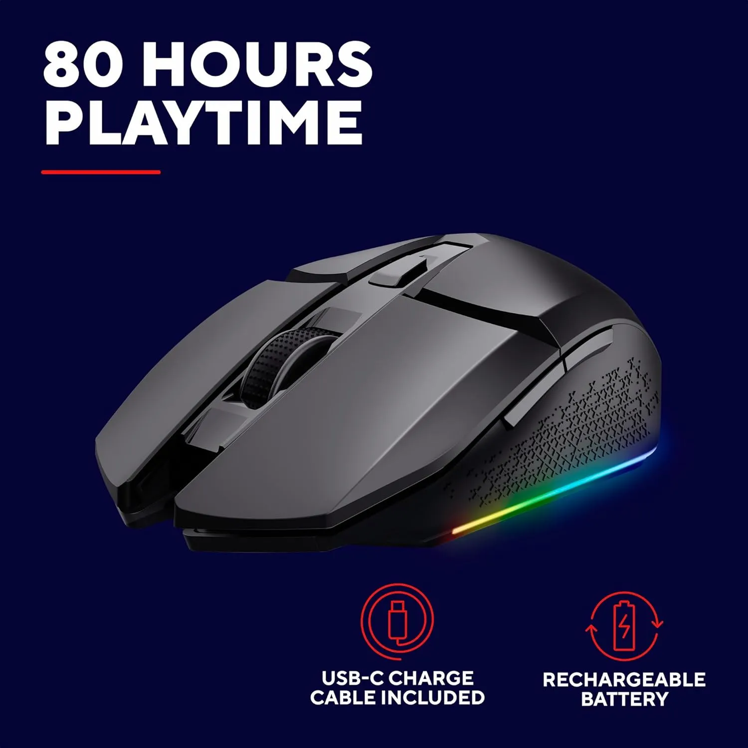 Trust Gaming GXT 110 Felox Wireless Rechargeable Gaming Mouse – 80h Battery, 800-4800 DPI, RGB Lighting, 6 Buttons, Black