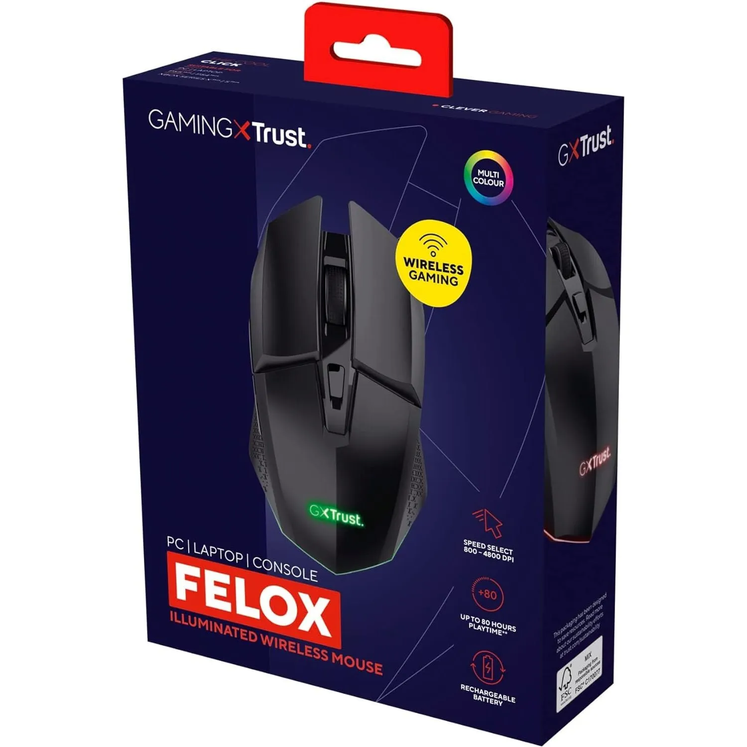 Trust Gaming GXT 110 Felox Wireless Rechargeable Gaming Mouse – 80h Battery, 800-4800 DPI, RGB Lighting, 6 Buttons, Black