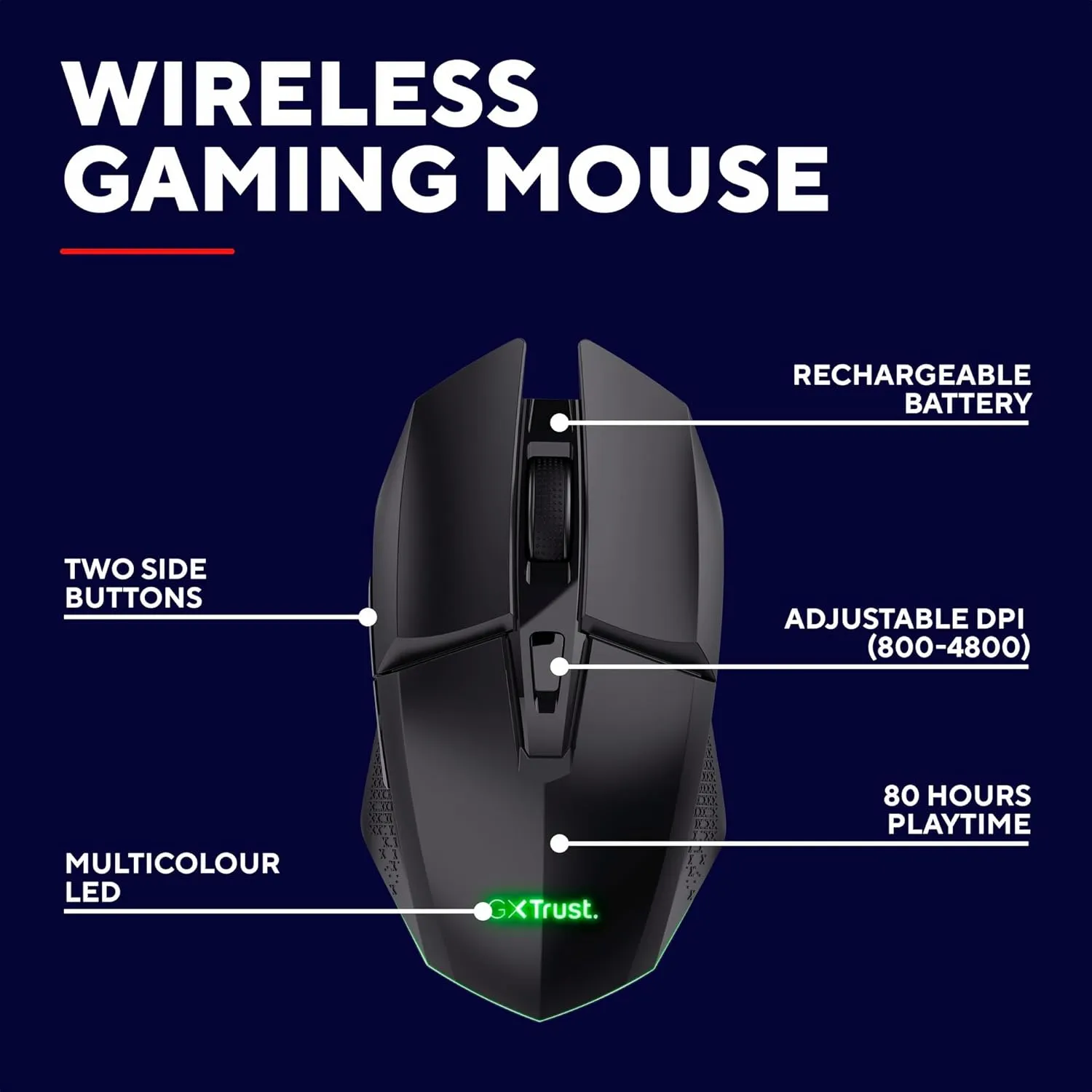 Trust Gaming GXT 110 Felox Wireless Rechargeable Gaming Mouse – 80h Battery, 800-4800 DPI, RGB Lighting, 6 Buttons, Black