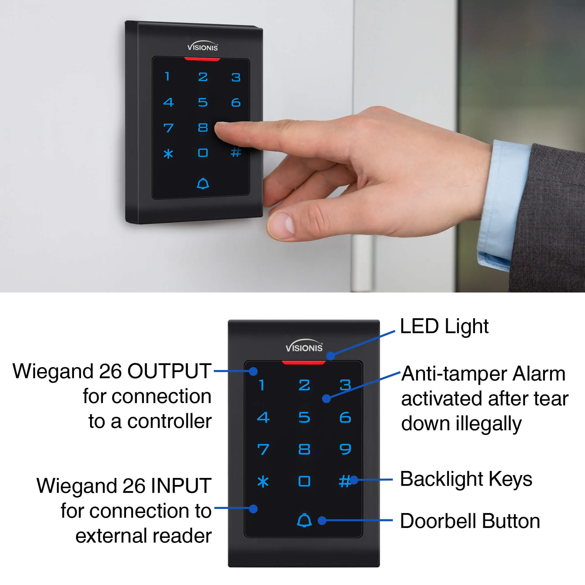 Visionis VIS-3002 - Access Control Indoor Only Digital Touch Keypad   Reader Standalone with Mini Controller, Wiegand 26, Standard Design, No Software, EM Cards, 1000 Users