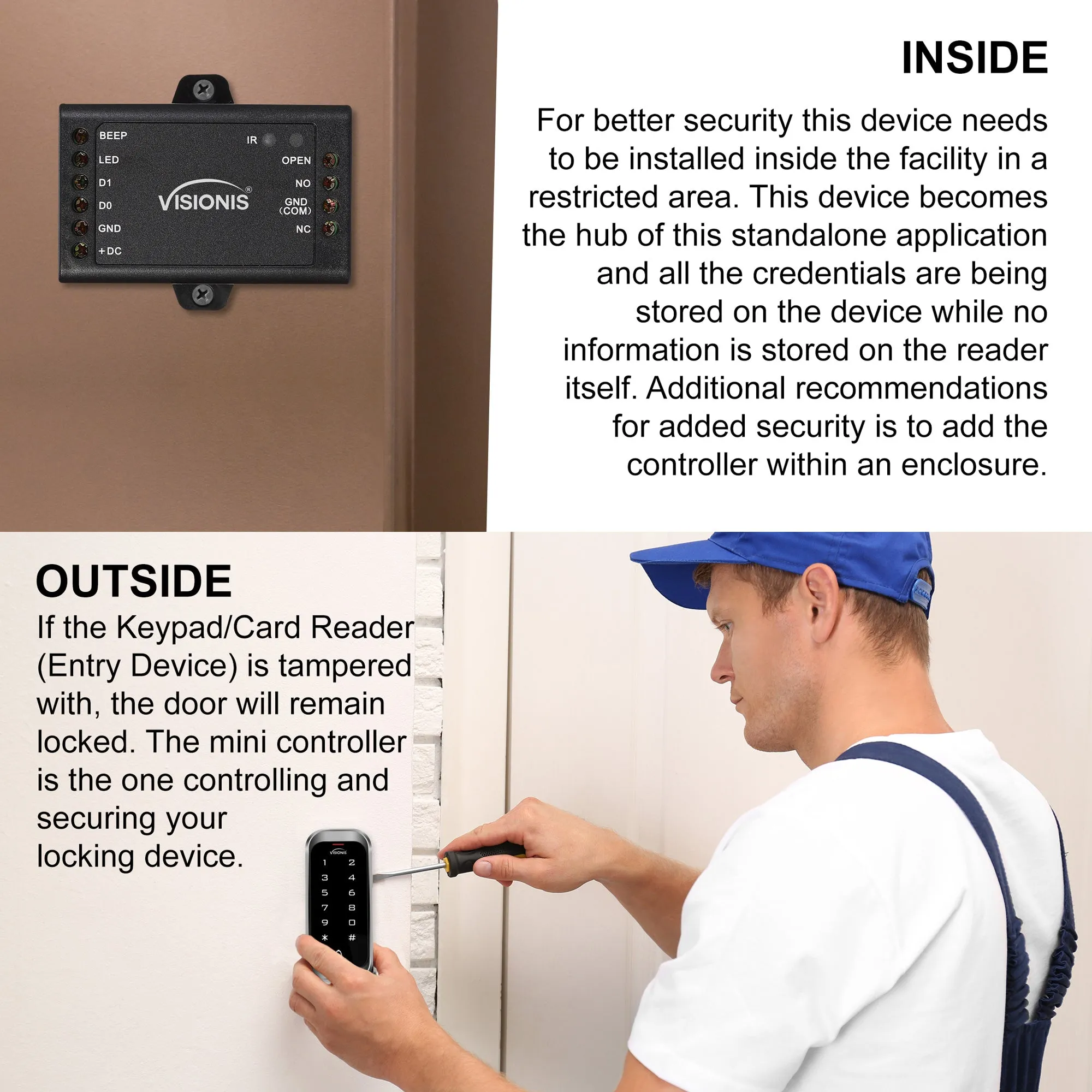 Visionis VIS-3002 - Access Control Indoor Only Digital Touch Keypad   Reader Standalone with Mini Controller, Wiegand 26, Standard Design, No Software, EM Cards, 1000 Users