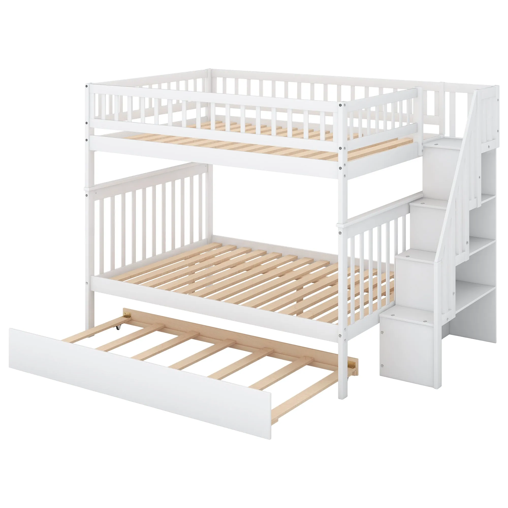 White Full over Full Bunk Bed with Trundle and Staircase